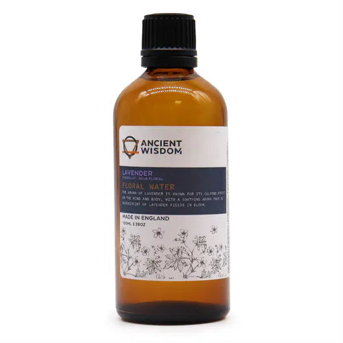 Amber glass bottle of Ancient Wisdom Lavender Floral Water (100ml) with floral illustrations, known for its soothing and calming aroma inspired by lavender fields.