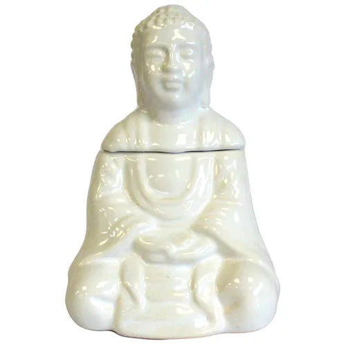 Complete white ceramic oil burner in the form of a seated Buddha with a detachable head. The Buddha is depicted with serene facial features, textured hair, and detailed robe folds, finished in a glossy glaze.
