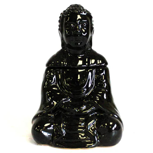 Glossy black ceramic Buddha-shaped oil burner viewed from the front, with the Buddha seated in a meditative posture. The sculpture has a detachable head that fits neatly on the upper part, and the robe details are visible with intricate folds.