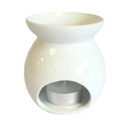 A simple and elegant white ceramic oil burner with a glossy finish. This classic aromatherapy diffuser has a minimalist design with a smooth, curved body and a wide, top-facing bowl for holding scented oils or wax. The base has a large, circular opening for inserting a tea light candle. This is a versatile and timeless piece of home decor, suitable for any interior style. The image is a clear, front-facing shot against a white background.