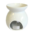 A simple and elegant white ceramic oil burner with a glossy finish. This classic aromatherapy diffuser has a minimalist design with a smooth, curved body and a wide, top-facing bowl for holding scented oils or wax. The base has a large, circular opening for inserting a tea light candle. This is a versatile and timeless piece of home decor, suitable for any interior style. The image is a clear, front-facing shot against a white background.