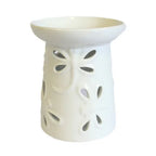 A chic, white ceramic oil burner with a sleek, glossy glaze. The spherical body is decorated with a modern, cutout pattern of dragonfly, which allows for the diffusion of light when a tea light is placed inside. The top features a wide bowl for essential oils or wax melts, making it a functional and decorative piece for home fragrance. This minimalist yet eye-catching design is perfect for contemporary interiors. This high-quality product photo is shot against a pure white background.