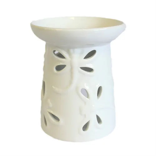 A chic, white ceramic oil burner with a sleek, glossy glaze. The spherical body is decorated with a modern, cutout pattern of dragonfly, which allows for the diffusion of light when a tea light is placed inside. The top features a wide bowl for essential oils or wax melts, making it a functional and decorative piece for home fragrance. This minimalist yet eye-catching design is perfect for contemporary interiors. This high-quality product photo is shot against a pure white background.