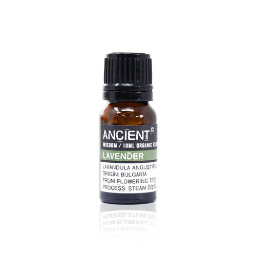 A small, 10ml amber glass bottle of Ancient Wisdom Organic Lavender essential oil. The bottle has a black cap and a black label with a light green band. The label lists product details including the Latin name, origin, and distillation process. The bottle is photographed against a clean white background.