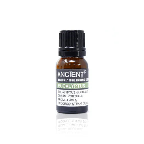 A small, 10ml amber glass bottle of Ancient Wisdom Organic Eucalyptus essential oil. The bottle has a black cap and a black label with a light green band. The label lists product details including the Latin name, origin, and distillation process. The bottle is photographed against a clean white background.