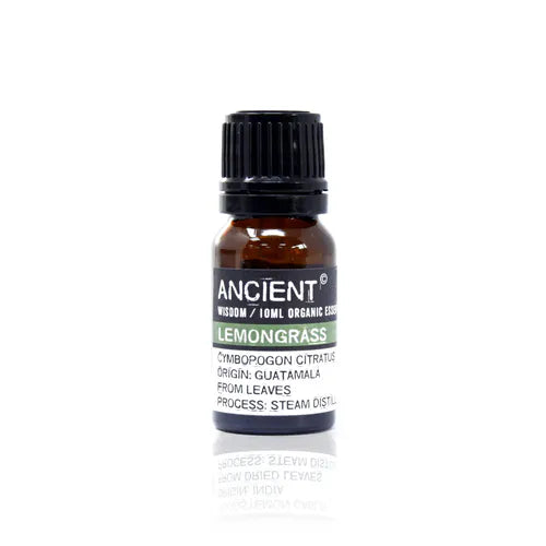 A small, 10ml amber glass bottle of Ancient Wisdom Organic Lemongrass essential oil. The bottle has a black cap and a black label with a light green band. The label lists product details including the Latin name, origin, and distillation process. The bottle is photographed against a clean white background.