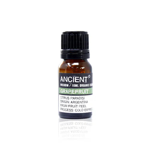 A small, 10ml amber glass bottle of Ancient Wisdom Organic Grapefruit essential oil. The bottle has a black cap and a black label with a light green band. The label lists product details including the Latin name, origin, and distillation process. The bottle is photographed against a clean white background.