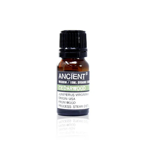A small, 10ml amber glass bottle of Ancient Wisdom Organic Cedarwood essential oil. The bottle has a black cap and a black label with a light green band. The label lists product details including the Latin name, origin, and distillation process. The bottle is photographed against a clean white background.