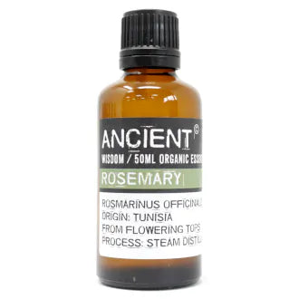 Amber glass bottle labeled 'Ancient Wisdom Organic Essential Oil Rosemary 50ml,' origin Tunisia, made from flowering tops, steam distilled.