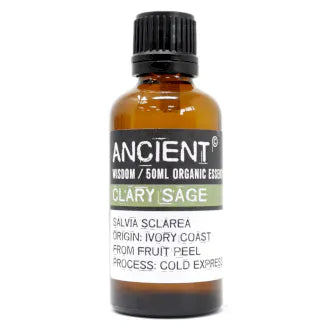 Amber glass bottle labeled 'Ancient Wisdom Organic Essential Oil Clary Sage 50ml,' origin Ivory Coast, steam distilled.