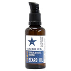 Bottle of Ancient Wisdom Grooming Beard Oil Viking Musk 50 ml, cleansing formula with sandalwood and orange, featuring a black pump dispenser and blue star logo, designed for nourishing and conditioning men’s beards.