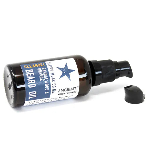 Horizontal view of Ancient Wisdom Grooming Beard Oil Viking Musk 50 ml with pump dispenser and detached cap, sandalwood and orange cleansing beard oil in amber bottle with modern minimalist label for men’s grooming.