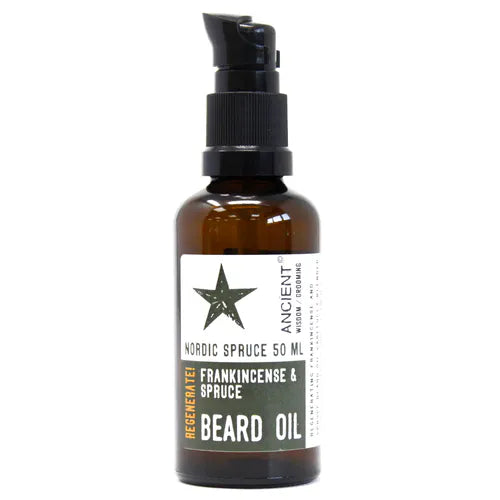 A 50ml amber glass bottle of Ancient Wisdom Nordic Spruce Beard Oil with a black pump dispenser. The label features a white and gray design with a star logo and a "Frankincense & Spruce" scent description. The bottle is photographed against a white background.