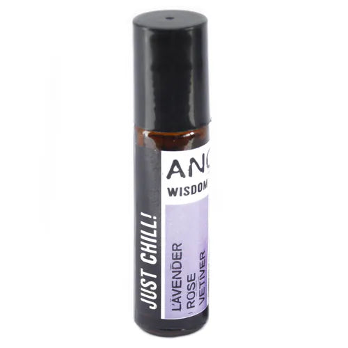 Amber glass roll-on bottle with a black cap labeled "Just Chill!" by Ancient Wisdom. The purple label highlights lavender, rose, and vetiver essential oils. The cap is securely closed.